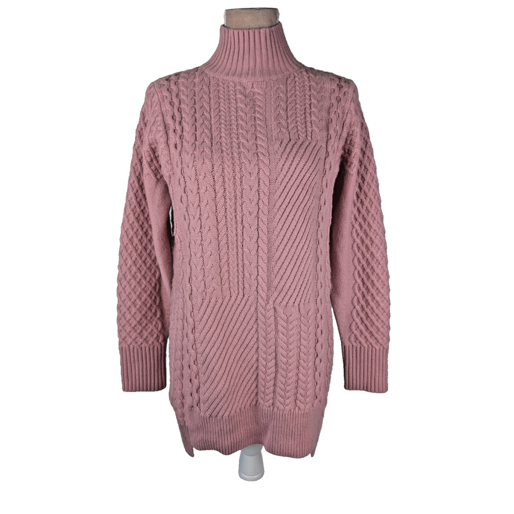 Reiss Martha Cable Knit Fisherman Sweater Jumper Medium Rose Pink Mock Neck